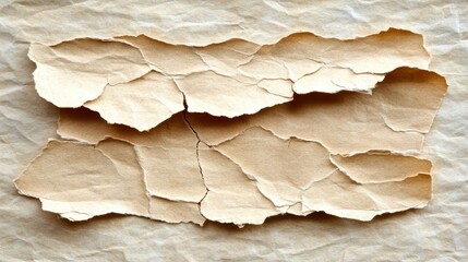 A piece of ripped, wrinkled brown paper on a crumpled brown paper background.