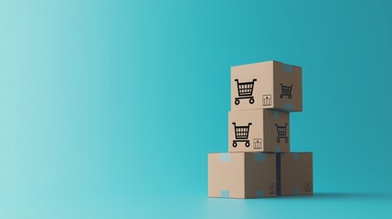 Obraz premium Three cardboard boxes stacked on a blue background with shopping cart symbols on each box.