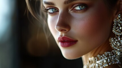 Close-up Portrait of a Woman with Blue Eyes and Sparkling Jewelry