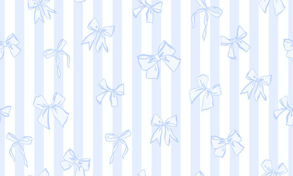 Pattern with different blue bows with striped background, seamless pattern for baby, coquette core design