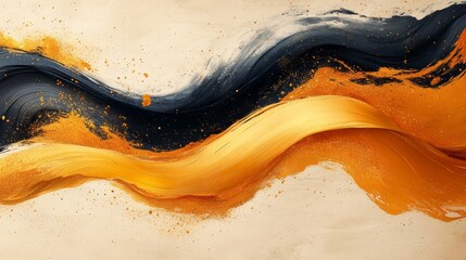 Abstract gold and black brushstrokes creating dynamic waves on beige background