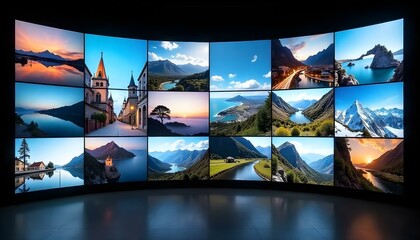 Streaming on demand, a large video wall with a collage of screens streaming content