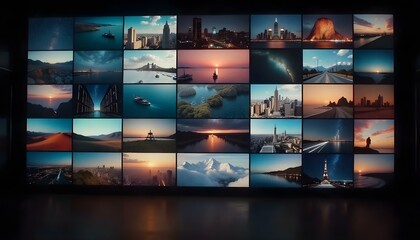 Streaming on demand, a large video wall with a collage of screens streaming content