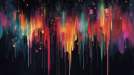 Colorful streaks cascading down a dark black canvas.