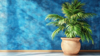 Obraz premium A potted palm tree stands against a blue wall with sunlight streaming in.