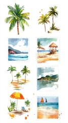 Obraz premium Watercolor Illustration of European Beach Destinations for Travel Stamps Generative AI