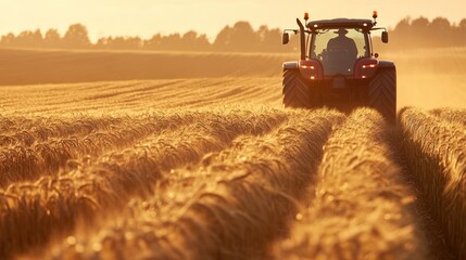 Fototapeta premium Tractor Driving Through Golden Wheat Field at Sunset