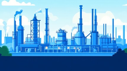 Obraz premium Industrial Factory Skyline With Towers and Pipes Under Clear Blue Sky