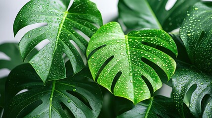 Fototapeta premium Lush Green Monstera Leaves with Raindrops Enhancing Nature's Beauty