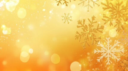 A yellow background with bokeh lights and several snowflakes. The snowflakes are different shades of gold and white, creating a warm, wintery scene.