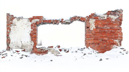Fototapeta premium Ruined brick wall covered in snow.