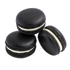 Black macarons with smooth vanilla cream filling, stylish and minimalistic, perfect for luxury desserts, bold color, gourmet presentation.