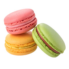 Colorful French macarons, pink, green, and yellow, isolated on white background, sweet dessert.