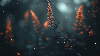 A single flower stalk with pink blossoms against a blurred background of foliage and glowing orange orbs.