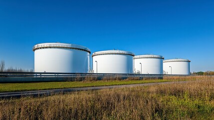 Obraz premium Industrial Landscape with Storage Tanks under Clear Blue Sky in Remote Area