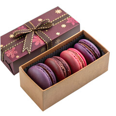 Box of luxurious purple and red macarons, brown packaging, gourmet dessert assortment.