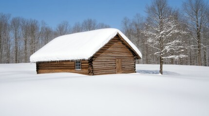 A serene winter wonderland featuring a cozy log cabin blanketed in snow among tranquil trees