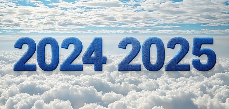 Minimalistic change, 2024 in blue powder shifting into 2025 on a peaceful cloud background. - Powered by Adobe