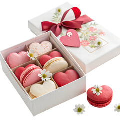 Heart-shaped macarons in a gift box with flowers, romantic dessert, perfect for special occasions.