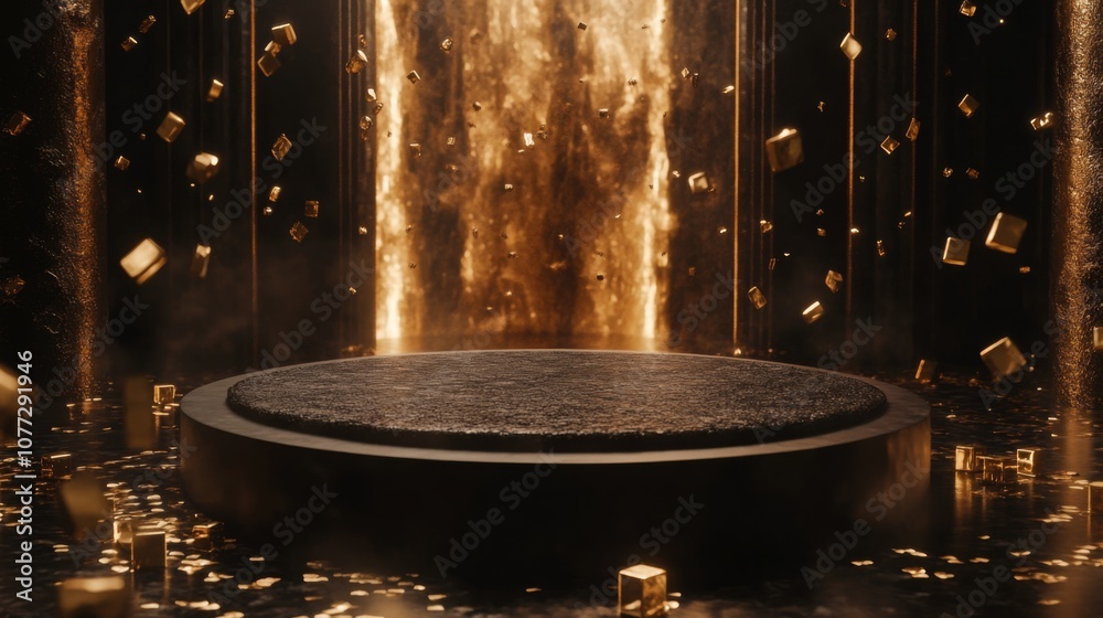Poster Golden particles cascade around a circular platform, illuminated by a dramatic light source. The dark background enhances the striking visual, creating a captivating and immersive atmosphere.