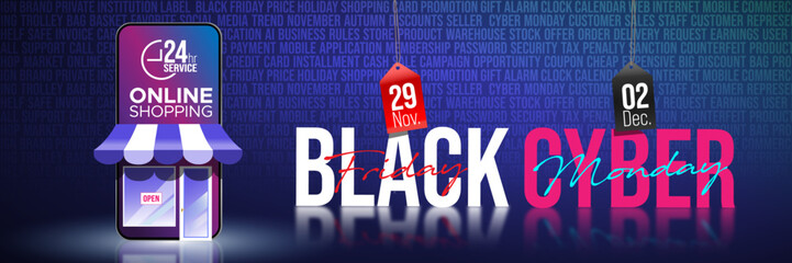 Black Friday, Cyber Monday Sale  Online shopping concept banner illustration vector