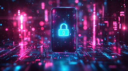 A glowing blue padlock icon on a smartphone screen, symbolizing digital security in a vibrant, futuristic setting.