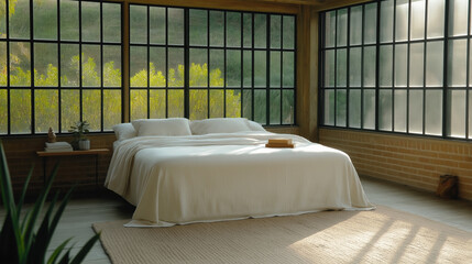Obraz premium Serene bedroom with cozy bedding in sunlit room with large windows