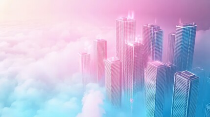 Fototapeta premium Majestic Skyscrapers Rising Amidst Clouds in Serene Pastel Dreamscape