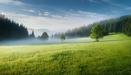 Naklejka premium fog in nature, green grass field, misty scenery, morning view
