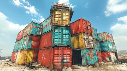 Fototapeta premium A stack of colorful shipping containers under a blue sky.
