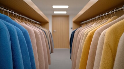 Fototapeta premium Modern entrance hall showcasing a wooden coat rack adorned with various colorful coats and an open hallway door in the background