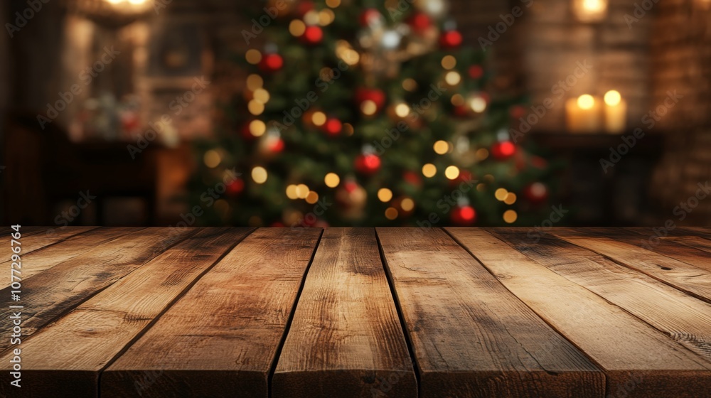 Aufkleber A rustic wooden table is positioned in the foreground, creating a cozy setting with a Christmas tree adorned with ornaments and soft glowing lights in the background, evoking a festive atmosphere.