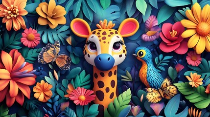 Fototapeta premium Jungle animals in cartoon style with colorful flowers and leaves background