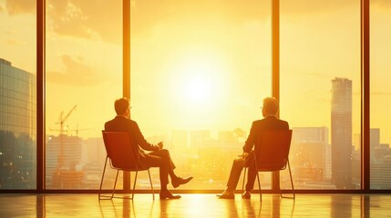 Naklejka premium Two silhouettes sit in chairs, facing a bright sunset through a large window, creating a serene and reflective atmosphere in an urban setting.