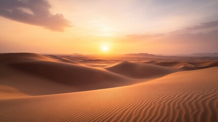 Desert Sand Dunes at Sunset with a Golden Sky