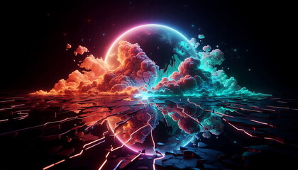 Earth Planet , 4K Background ,Colorful Landscape Art, Magic, Neon Lights, 3D Nature,  for Youtube thumnail or background video or music cover art , or home decor
