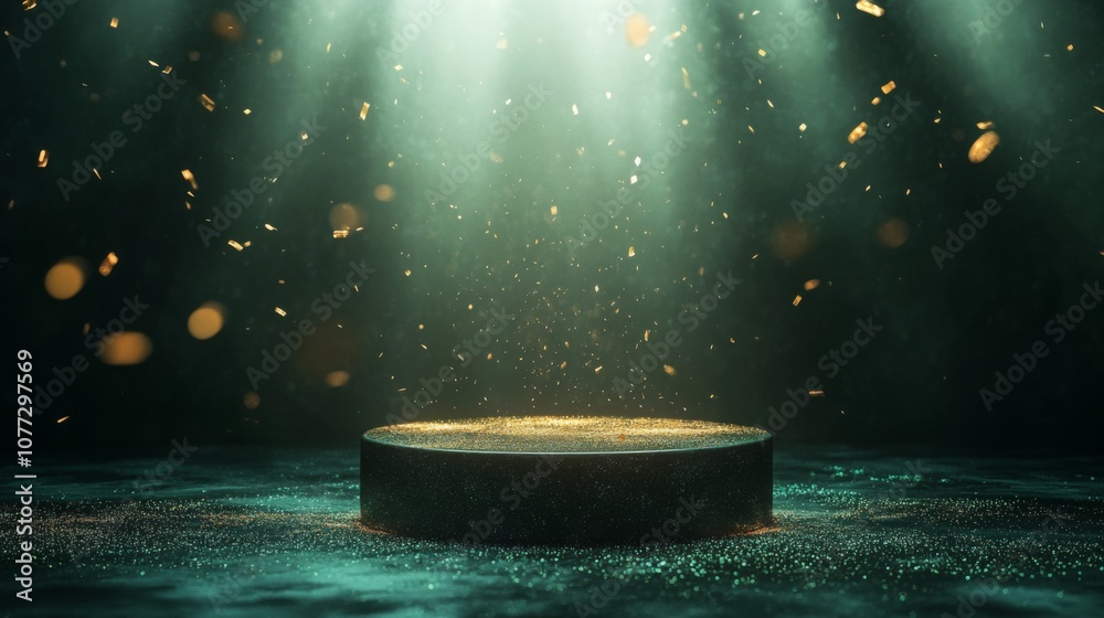 Poster Golden particles cascade gently over a circular platform illuminated by soft, focused light in a darkened environment. The shimmering effect creates a magical atmosphere that captivates the viewer.