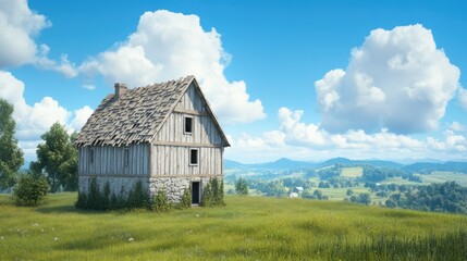 Obraz premium A charming wooden house under construction in a sunny rural landscape, showcasing a serene summer day and natural beauty