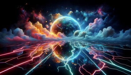 Earth Planet , 4K Background ,Colorful Landscape Art, Magic, Neon Lights, 3D Nature,  for Youtube thumnail or background video or music cover art , or home decor
