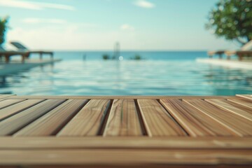 Fototapeta premium Wood table top on beach chair in outdoor swimming pool