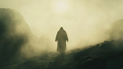 Obraz premium Jesus shining in radiant glory on the mountain. A solitary figure walks toward the horizon bathed in golden light.