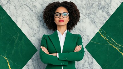 Confident and Empowered: A portrait of a powerful woman, her arms crossed and a determined gaze, radiating confidence and strength against a backdrop of green marble.