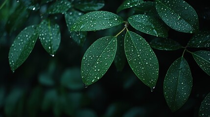 Fototapeta premium Lush Green Leaves Glistening with Raindrops in a Dark Background