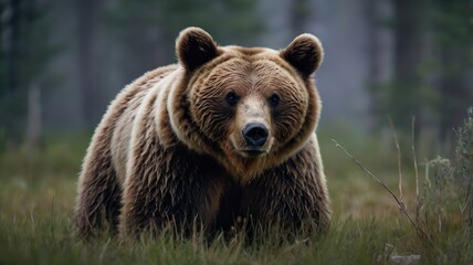 Obraz premium A bear in a proud river in the taiga in the forest