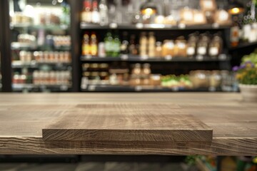 Empty wooden table with supermarket background for product placement