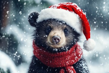 Naklejka premium A charming black bear cub wearing a Santa hat and red scarf, a heartwarming image perfect for holiday greetings, wildlife photography, and animal love.