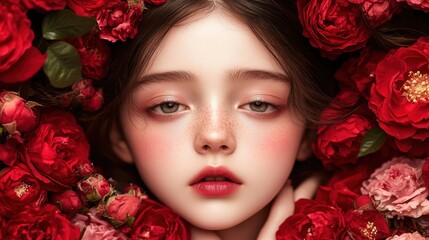 Naklejka premium A close-up of a serene face framed by vibrant red roses, emphasizing delicate features and soft makeup, This image is perfect for beauty campaigns, floral designs, or romantic themes,
