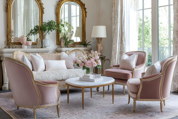 Elegant French-style living room with gilded mirrors, ornate furniture, and soft pastels, blending classic Parisian elegance with contemporary warmth, 3d render room template