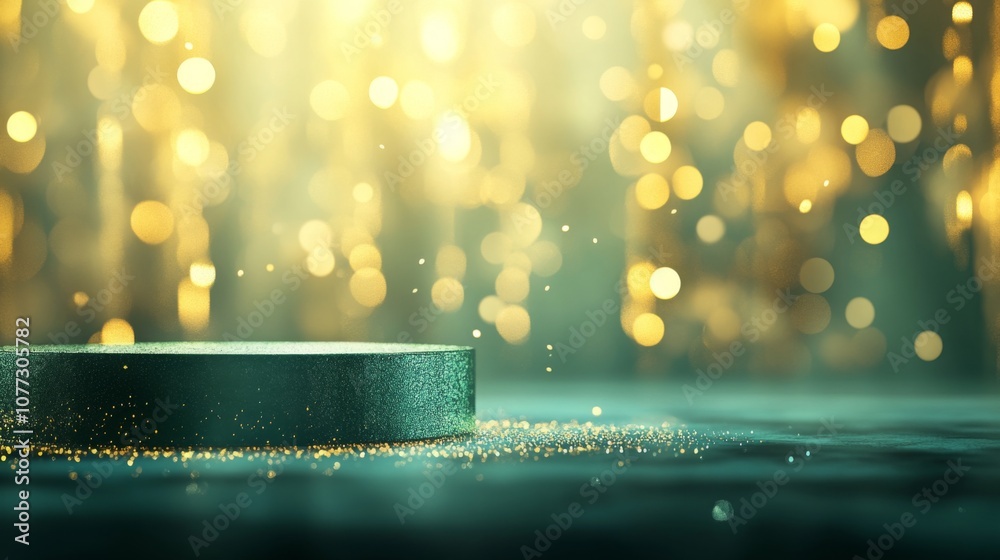 Aufkleber A circular platform sits on a smooth surface, surrounded by shimmering golden lights and soft bokeh effects, creating an enchanting atmosphere perfect for celebrations or special events.