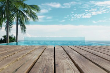 Wood table top on beach chair in outdoor swimming pool